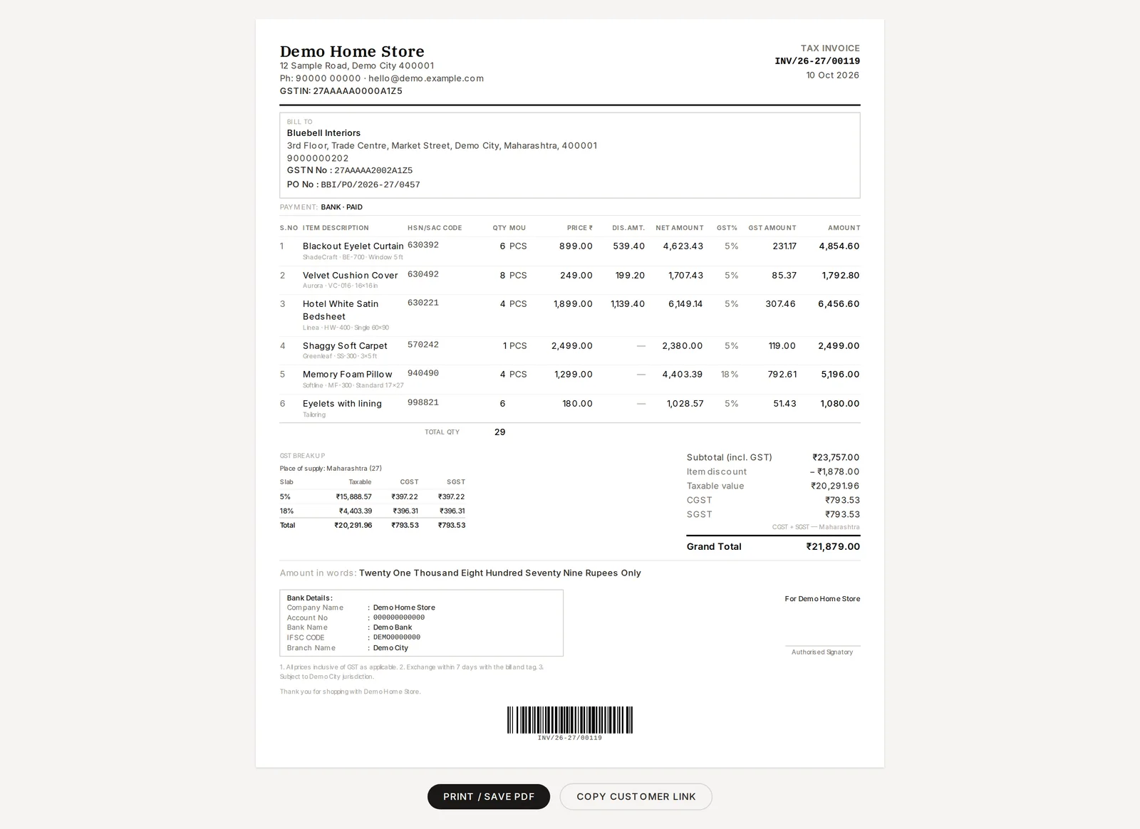 A printed GST invoice: HSN code on every line, CGST and SGST by rate, the buyer’s GSTIN and PO number, bank details and amount in words.